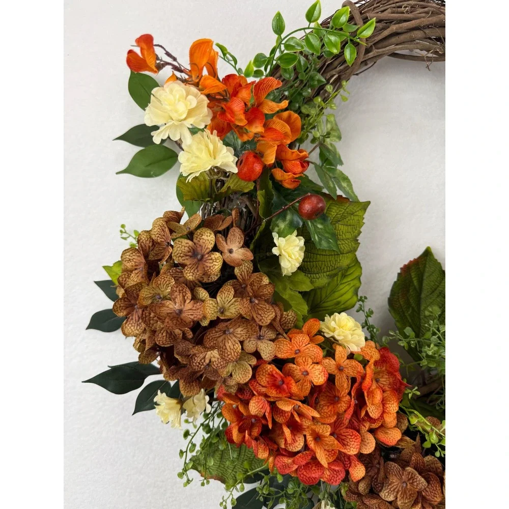 Handmade Fall Grapevine Wreath Orange Hydrangea Burlap Bow Autumn Decor